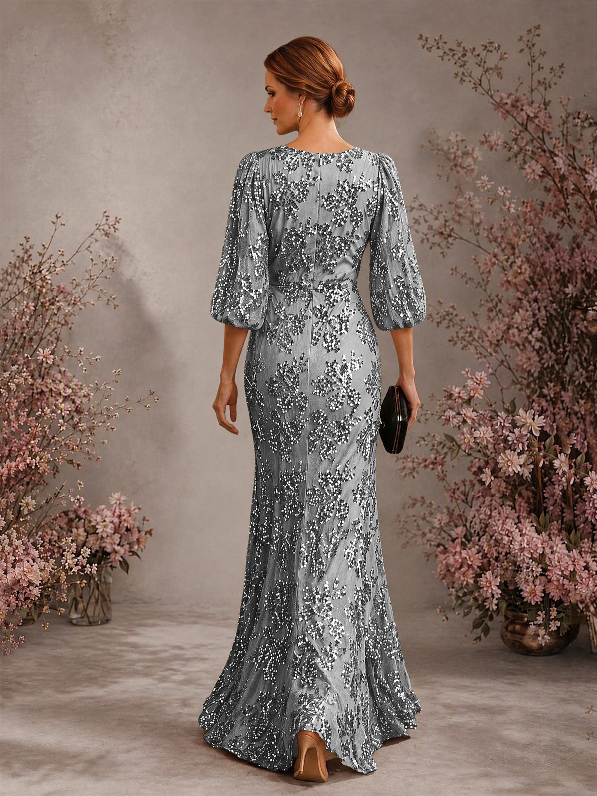 BOLODOO Grey V-Neck Lantern Sleeve All-Over Sequin Floral Embroidered Mermaid Gown - Grey