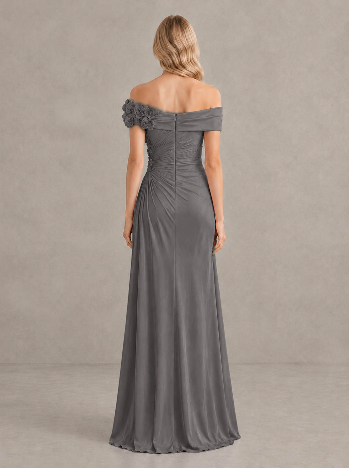BOLODOO Grey Off-Shoulder Floral Applique Wedding Guest Maxi Dress - Grey - Grey (2)
