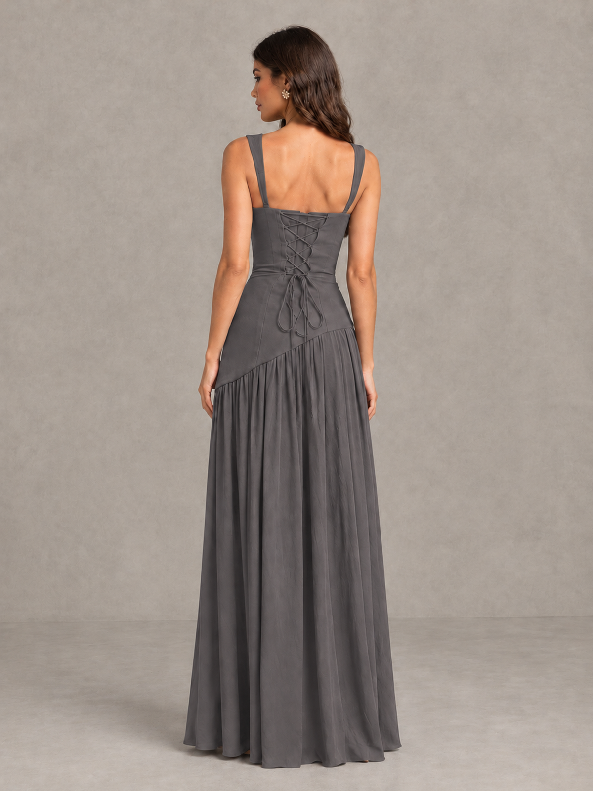 BOLODOO Grey Brown Scarf Bridesmaid Dress with Lace-Up Back - Grey - Grey (2)