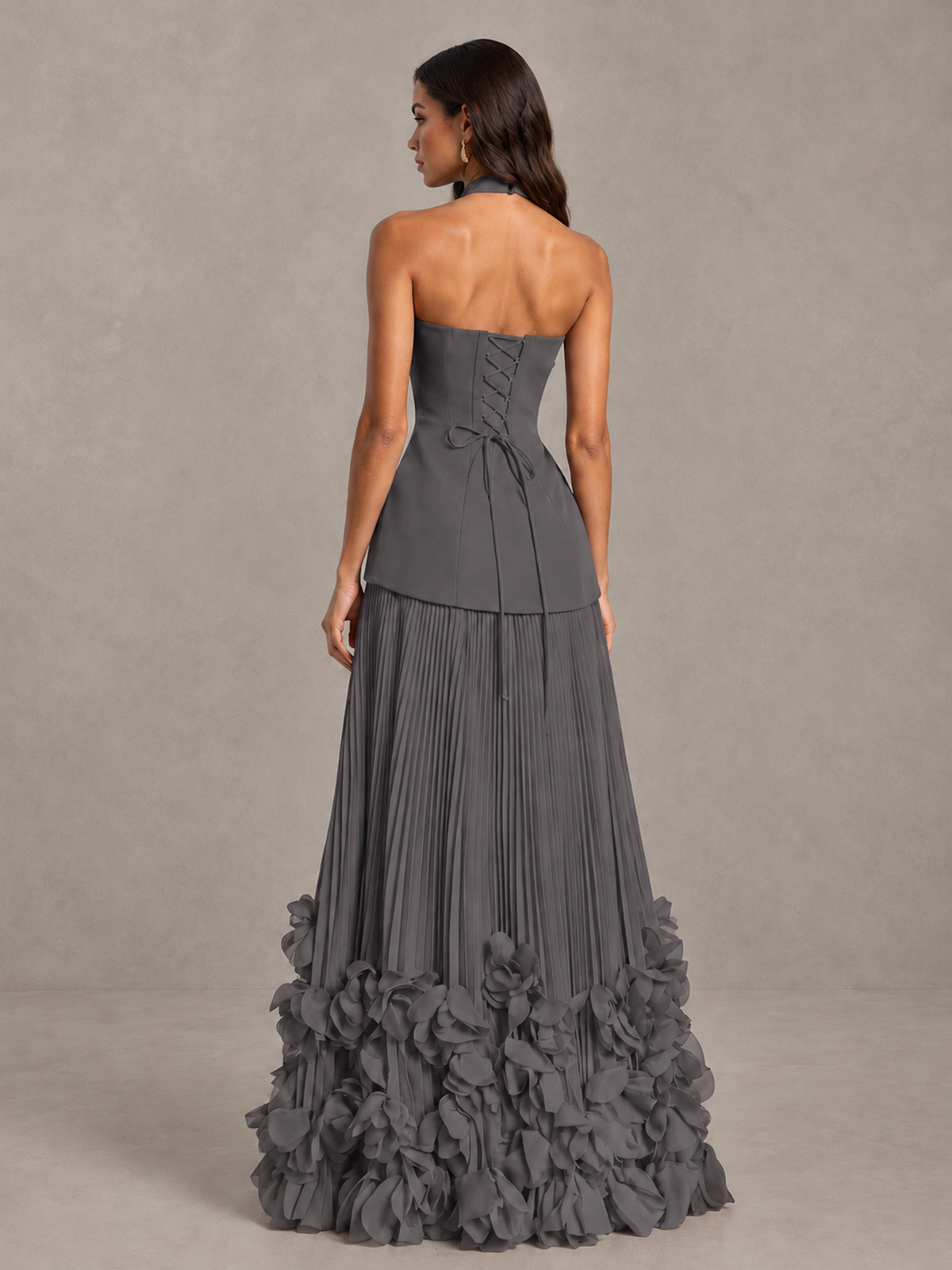 BOLODOO Grey Halter Neck Floor-Length Evening Gown with High Slit & 3D Floral Hem - Grey - Grey (2)