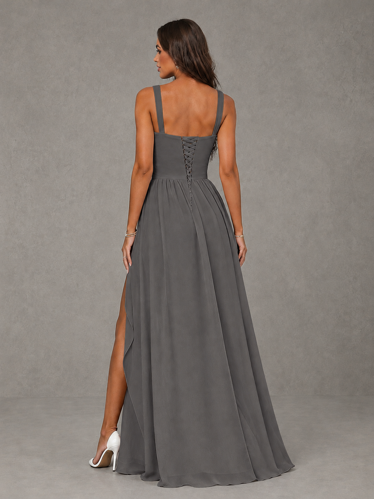 BOLODOO Grey A-Line Bridesmaid Dress with High Slit & Lace-Up Back - Grey - Grey (2)