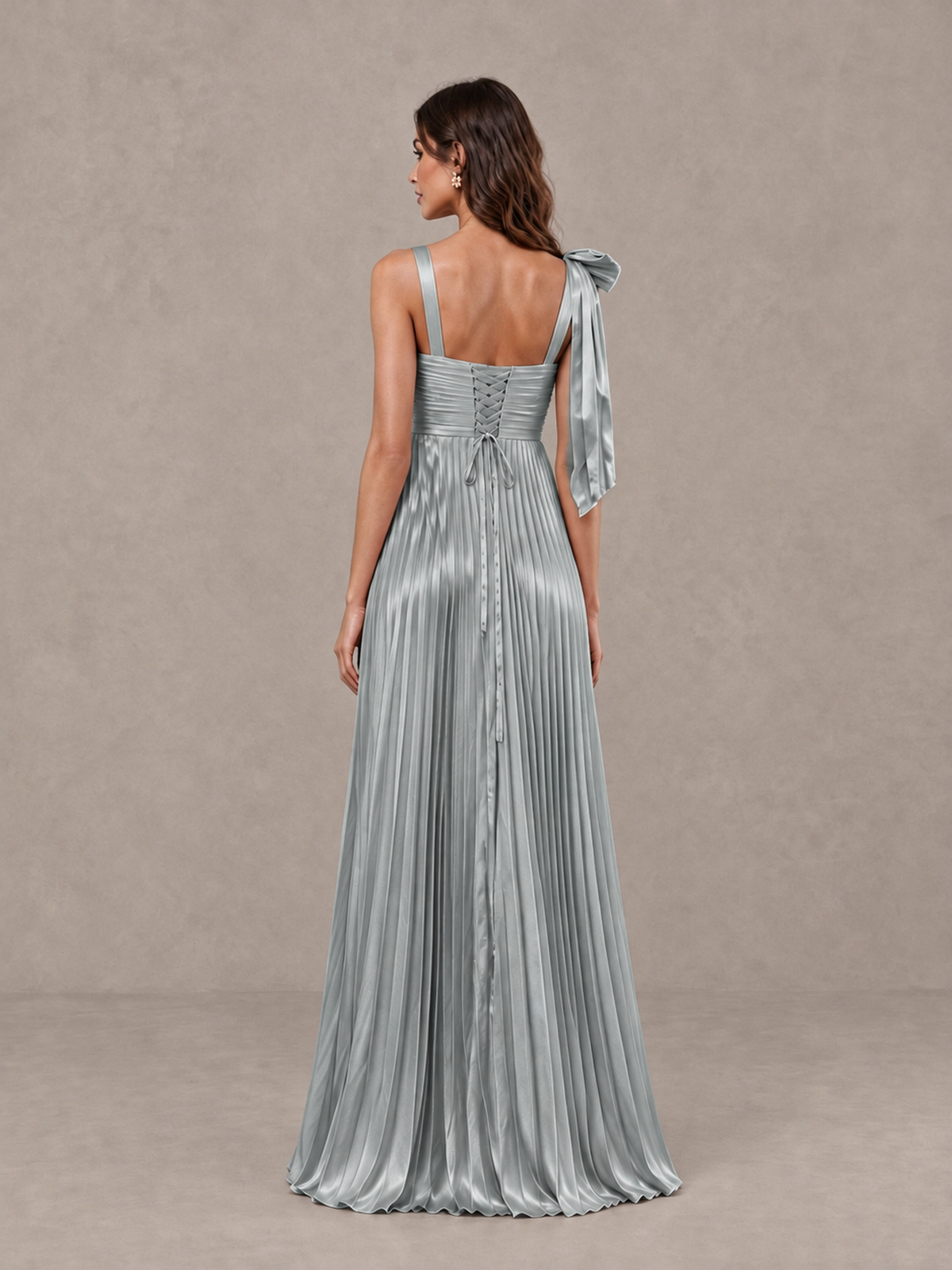 BOLODOO Grey Pleated Bow-Strap Bridesmaid Maxi Dress - Grey - Grey (2)