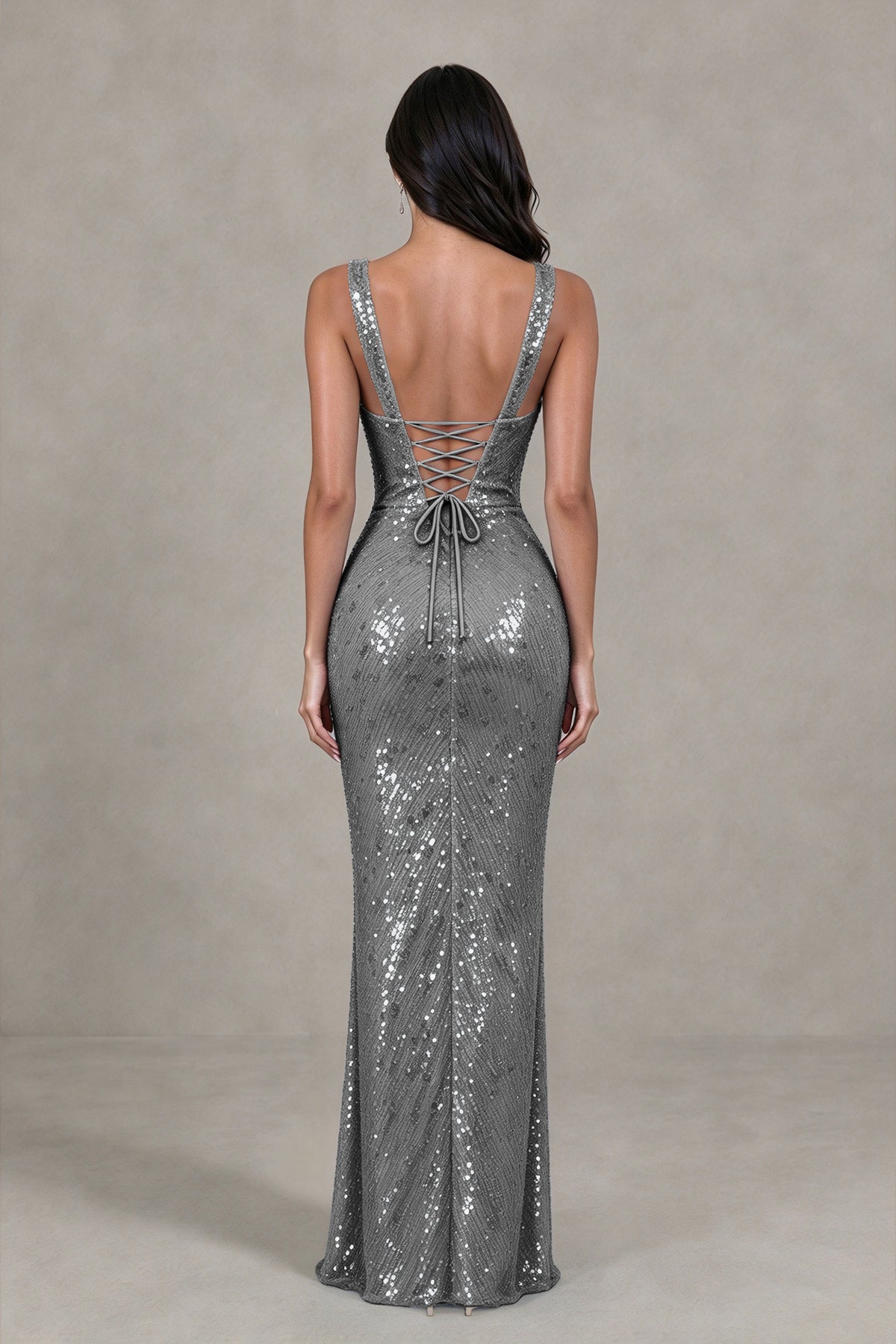 BOLODOO Grey Sequin Deep V-Neck Lace-Up Back High-Slit Evening Dress - Grey - Grey (2)