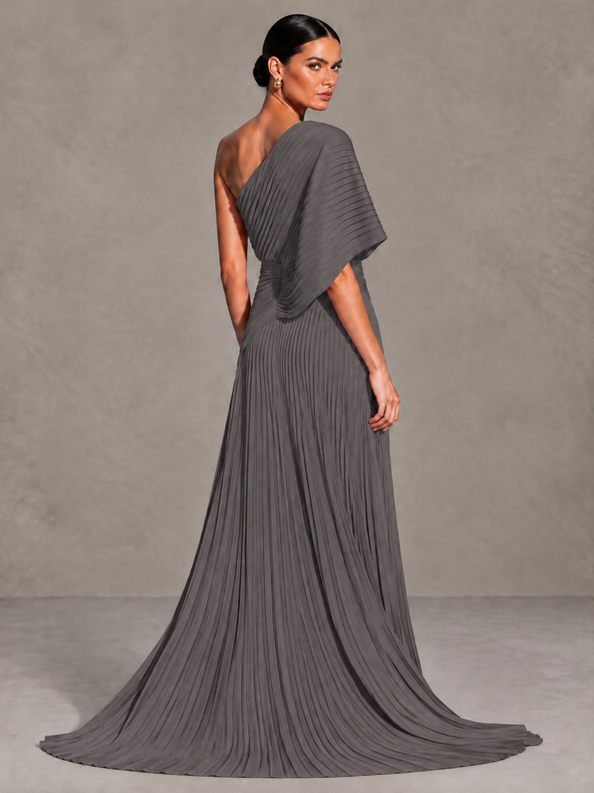 BOLODOO Grey One-Shoulder Pleated Cape Evening Gown with Train - Grey - Grey (2)