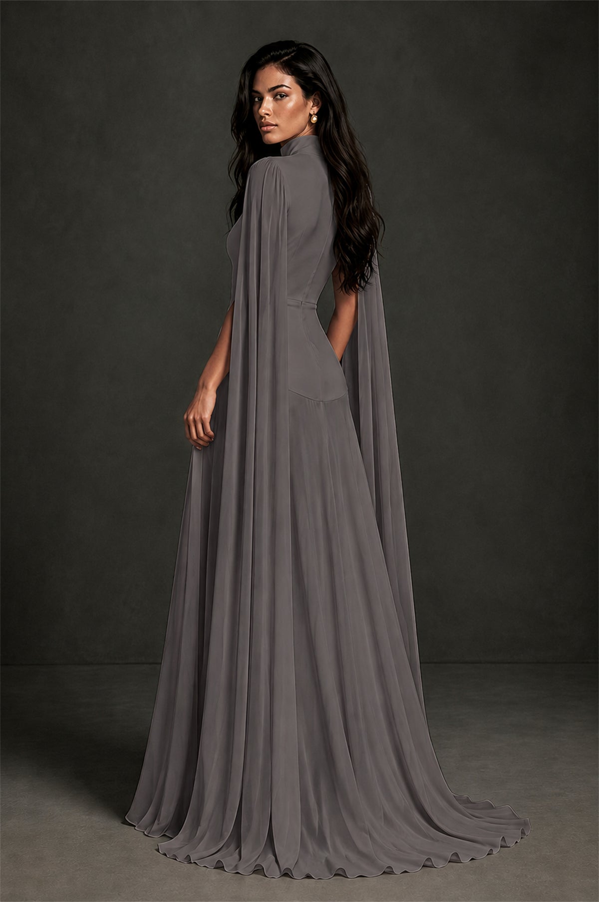 BOLODOO Grey Mock Neck Cape Sleeve A-Line Chiffon Maxi Dress - Grey - Grey (2)