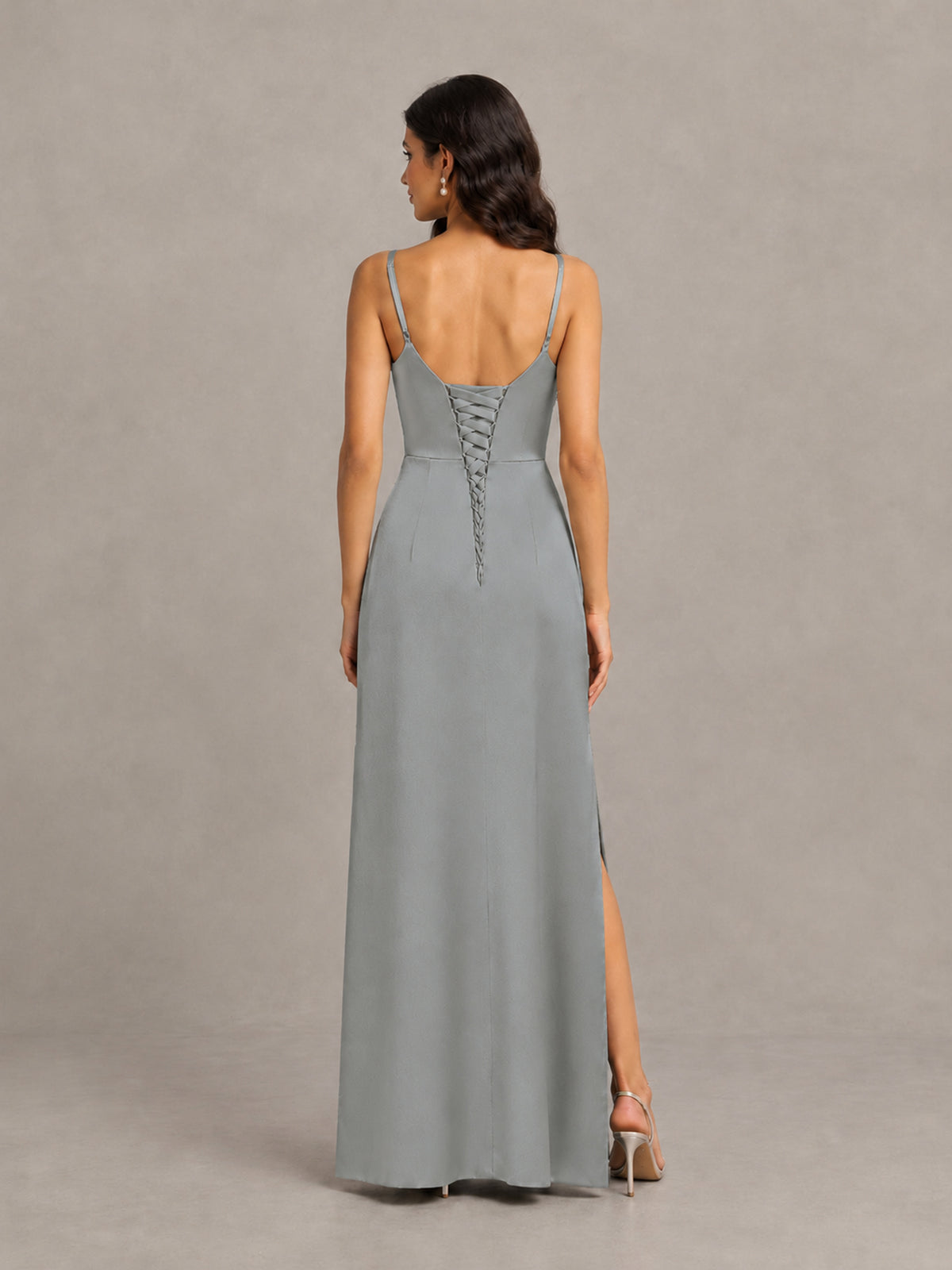 BOLODOO Grey Cowl Neck Satin Bridesmaid Dress with Slit - Grey - Grey (2)