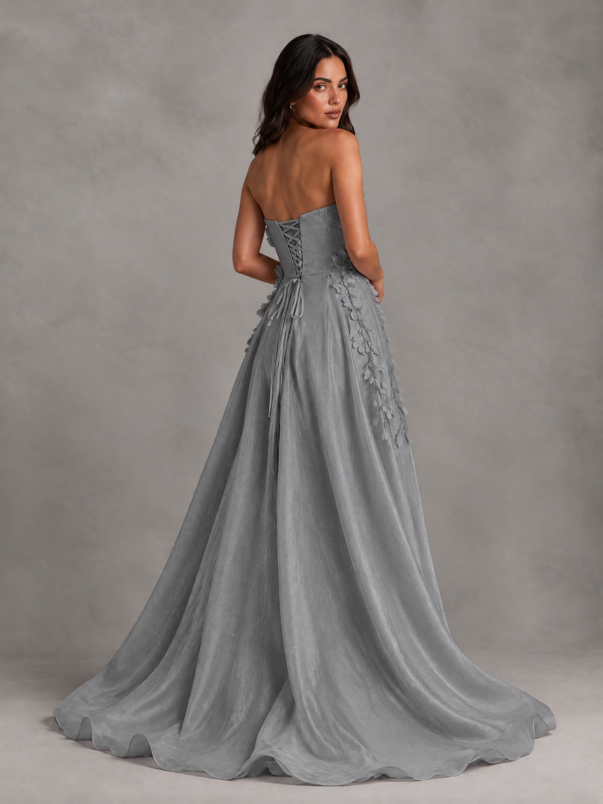 BOLODOO Grey Strapless Floral Applique Prom Dress with Overskirt - Grey - Grey (2)