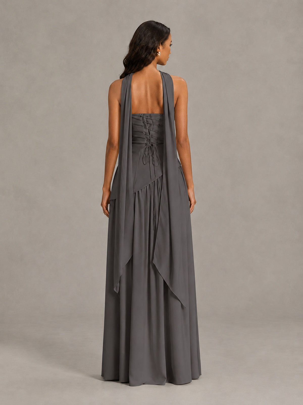 Grey Strapless Bridesmaid Dress with Scarf & High Slit - Grey - Grey (2)