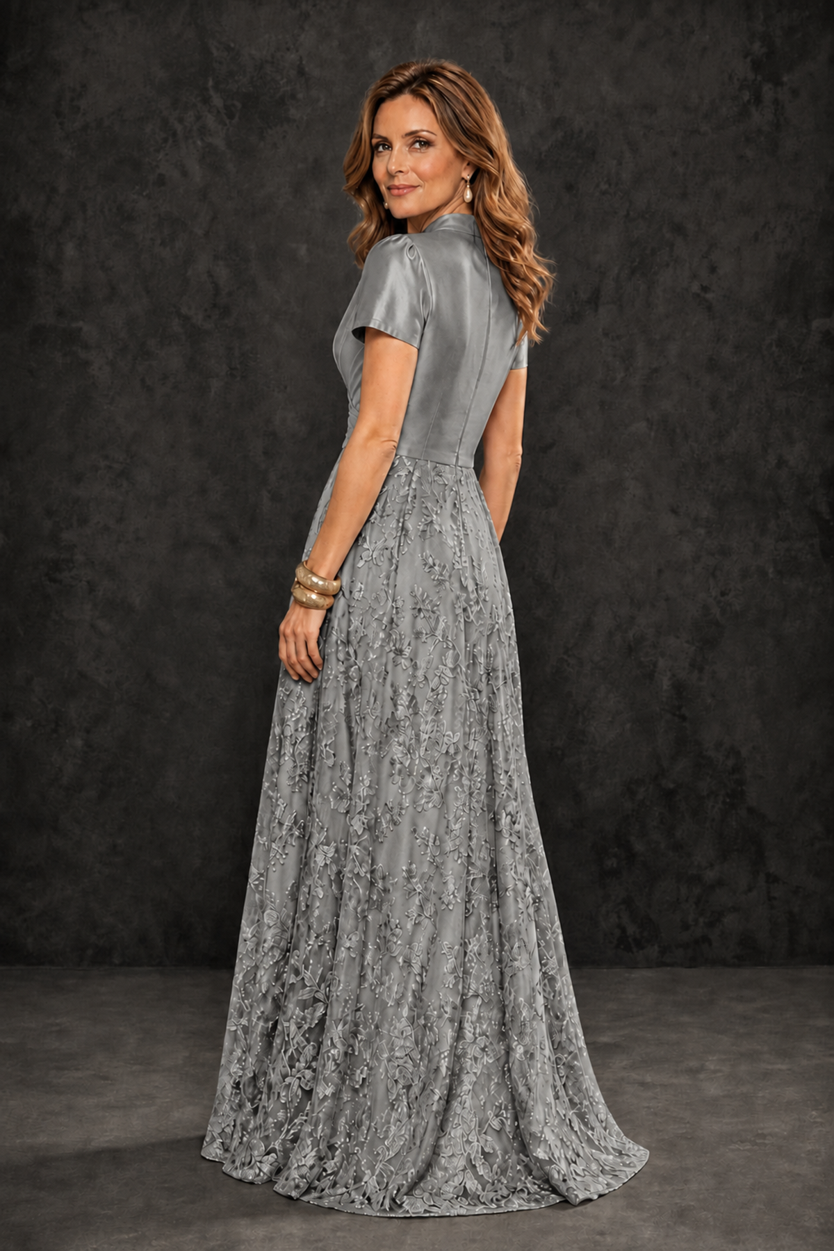 BOLODOO Grey Satin Wrap V-Neck Short Sleeve Lace Glitter A-Line Floor Length Evening Gown – Formal Dress - Grey - Grey (2)