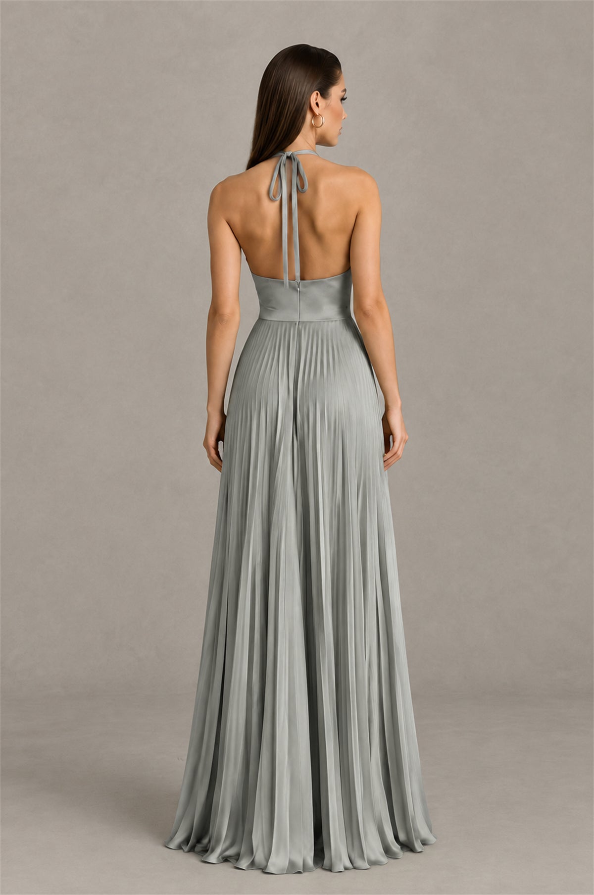 BOLODOO Grey Halter Pleated A-Line Evening Dress - Grey