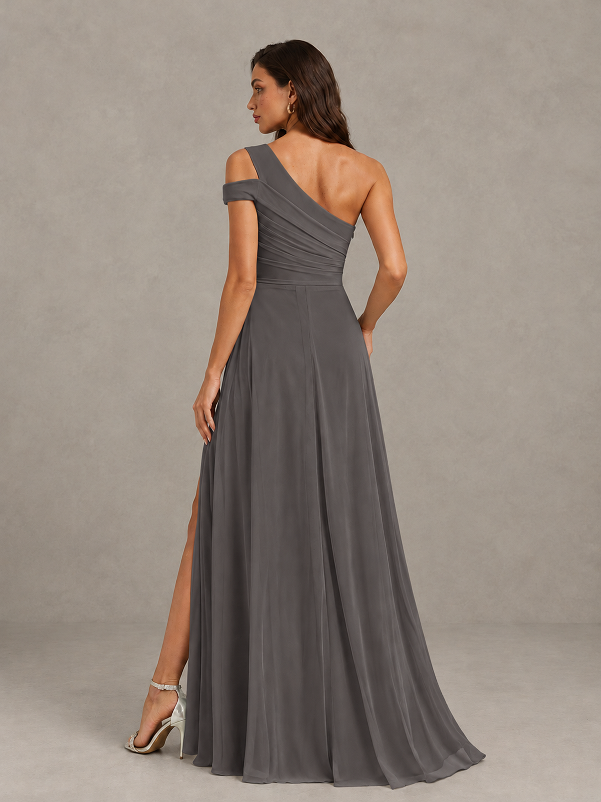 BOLODOO Grey One-Shoulder Bridesmaid Dress with Side Slit - Grey - Grey (2)