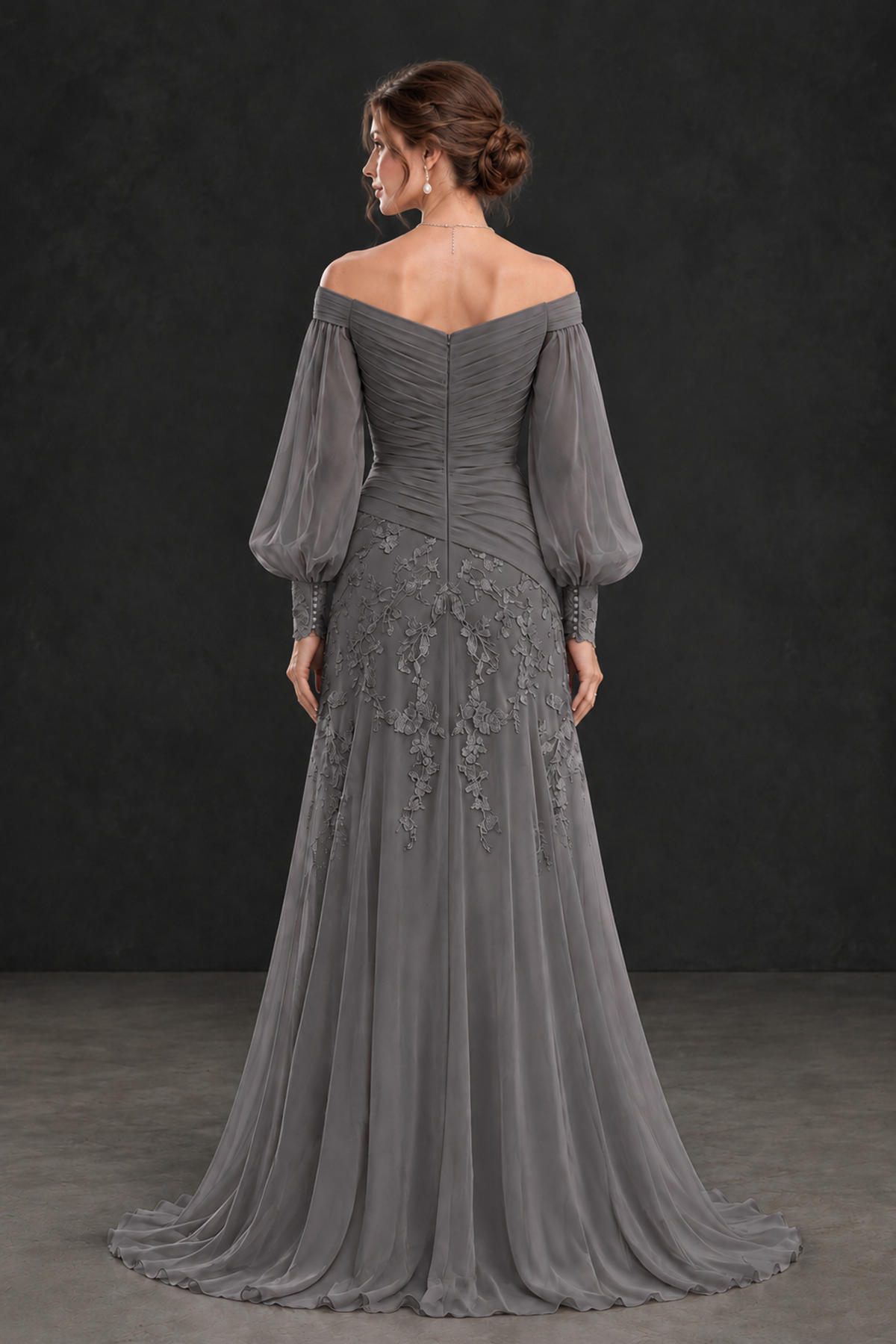 BOLODOO Grey Long Sleeve Mother of the Bride Dress with Floral Appliqués - Grey - Grey (2)