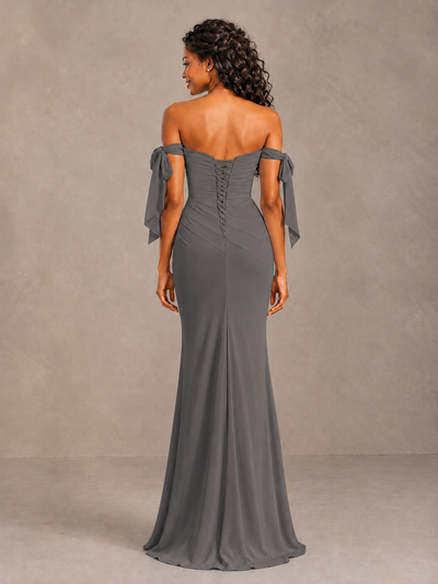 Grey Off-Shoulder Bow Bridesmaid Dress with Slit - Grey - Grey (2)