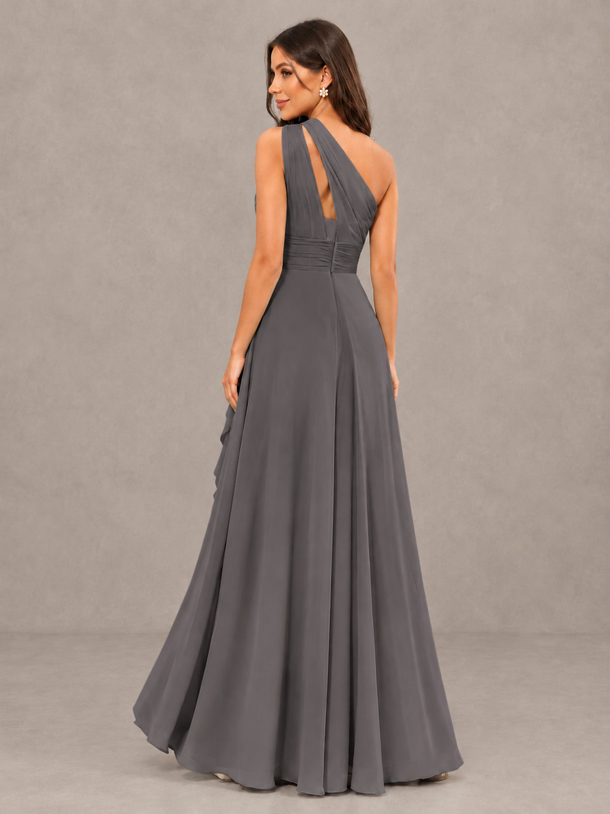 BOLODOO Grey One-Shoulder Ruffle Bridesmaid Dress with Slit - Grey - Grey (2)