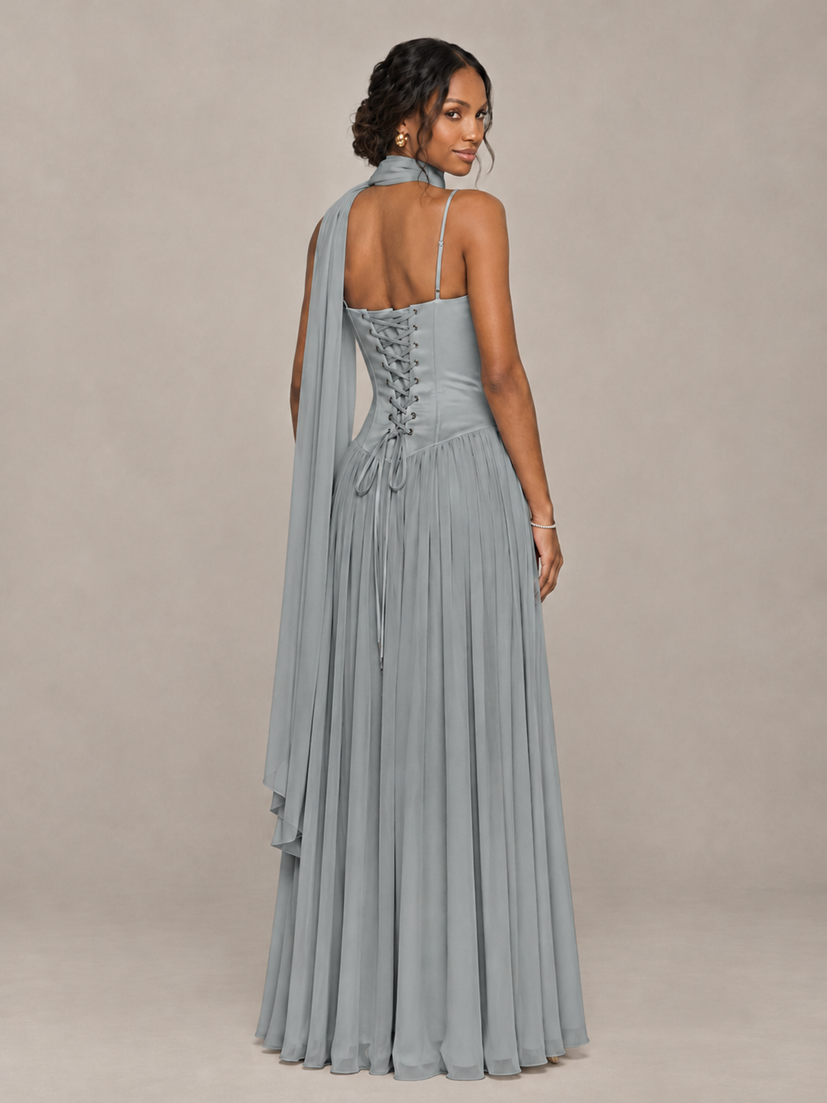 BOLODOO Grey Corset Bridesmaid Dress with Scarf - Grey - Grey (2)