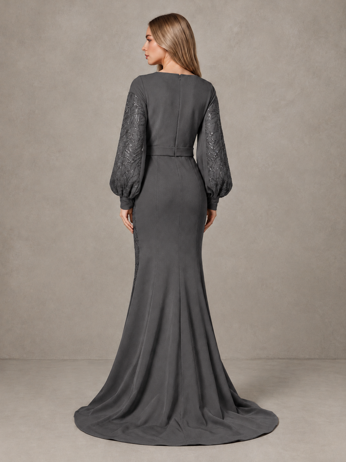 BOLODOO Grey Sequin Long Bishop Sleeve Mermaid Evening Dress - Grey - Grey (2)