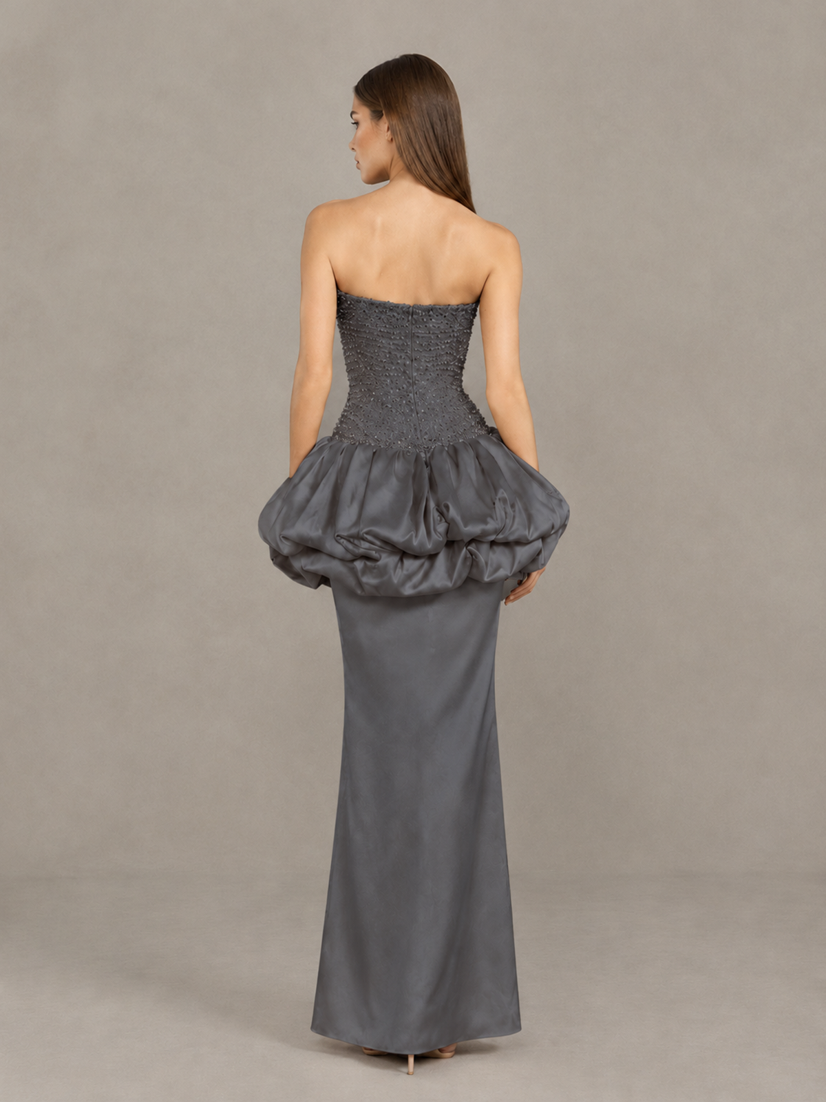 BOLODOO Grey Strapless Embellished Bubble Peplum Evening Dress - Grey - Grey (2)
