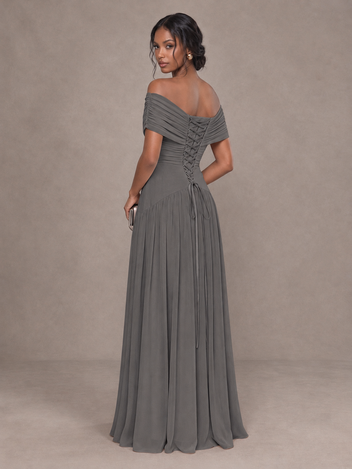 BOLODOO Grey Off-Shoulder Ruched A-Line Bridesmaid Dress - Grey - Grey (2)
