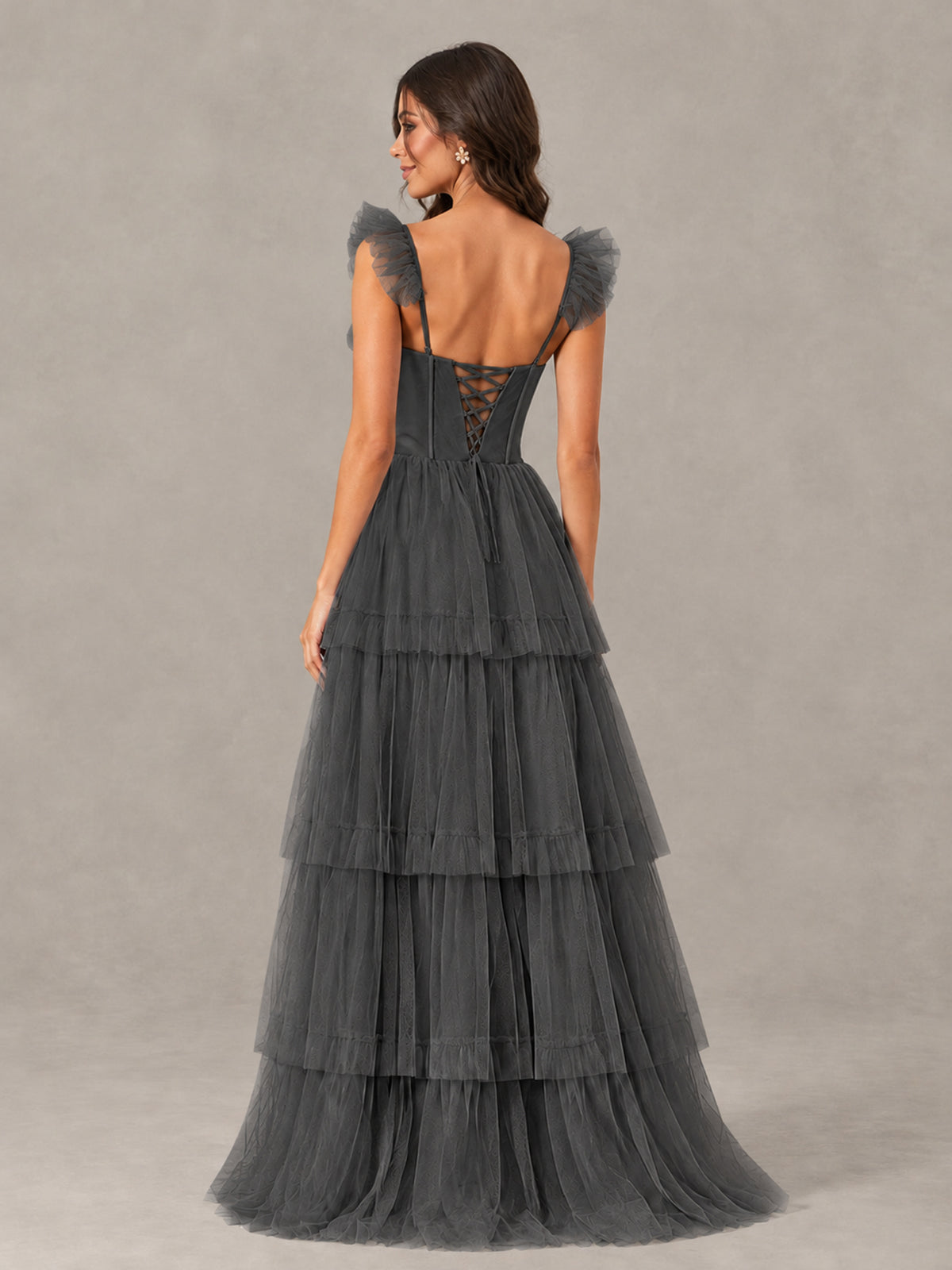BOLODOO Grey Tiered Tulle Bridesmaid Dress with Slit - Grey - Grey (2)