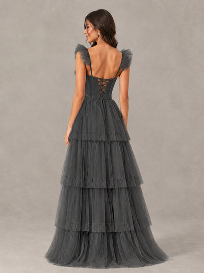 BOLODOO Grey Tiered Tulle Bridesmaid Dress with Slit - Grey - Grey (2)