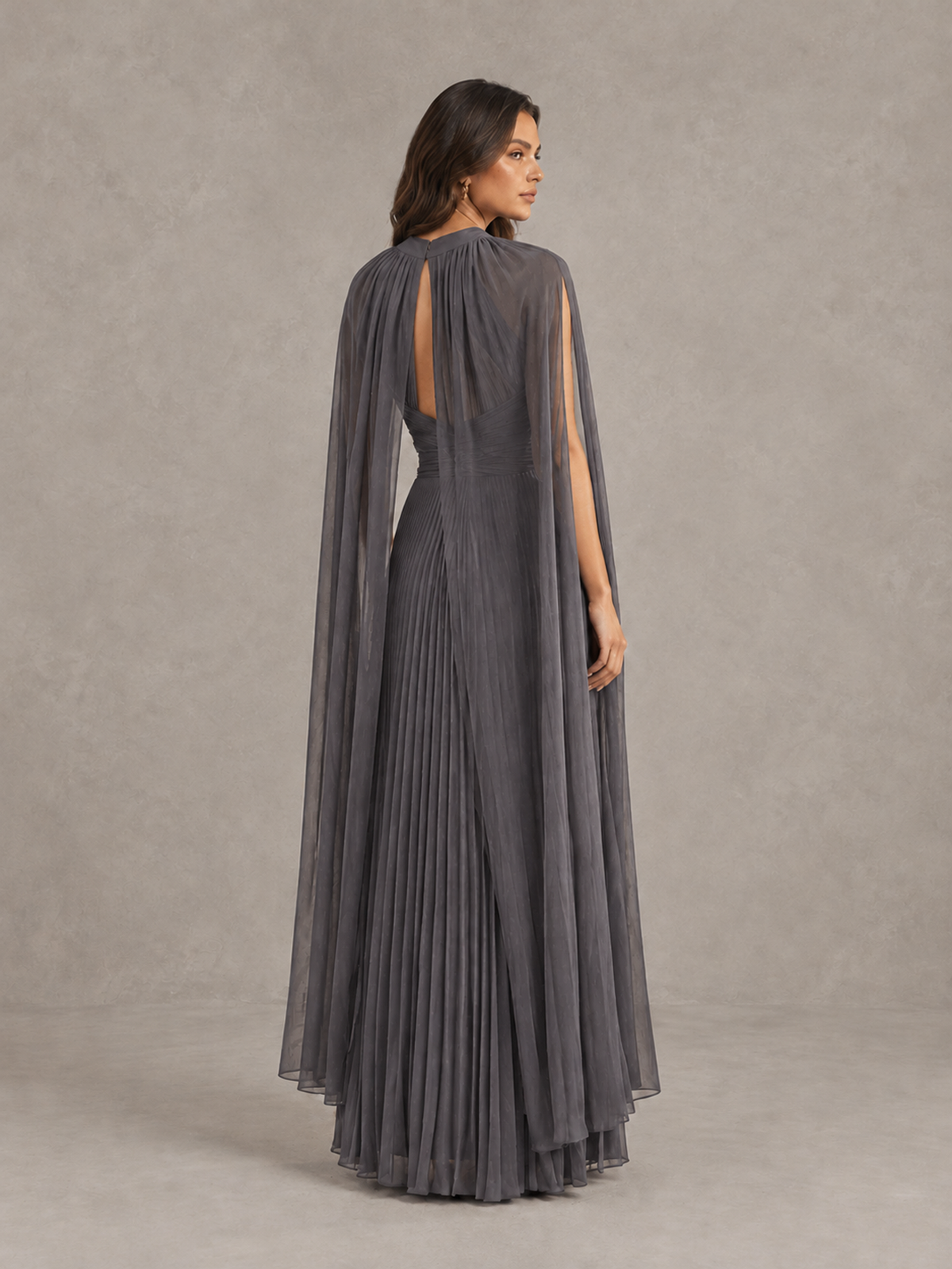 BOLODOO Grey Pleated Cape Maxi Wedding Guest Dress - Grey - Grey (2)