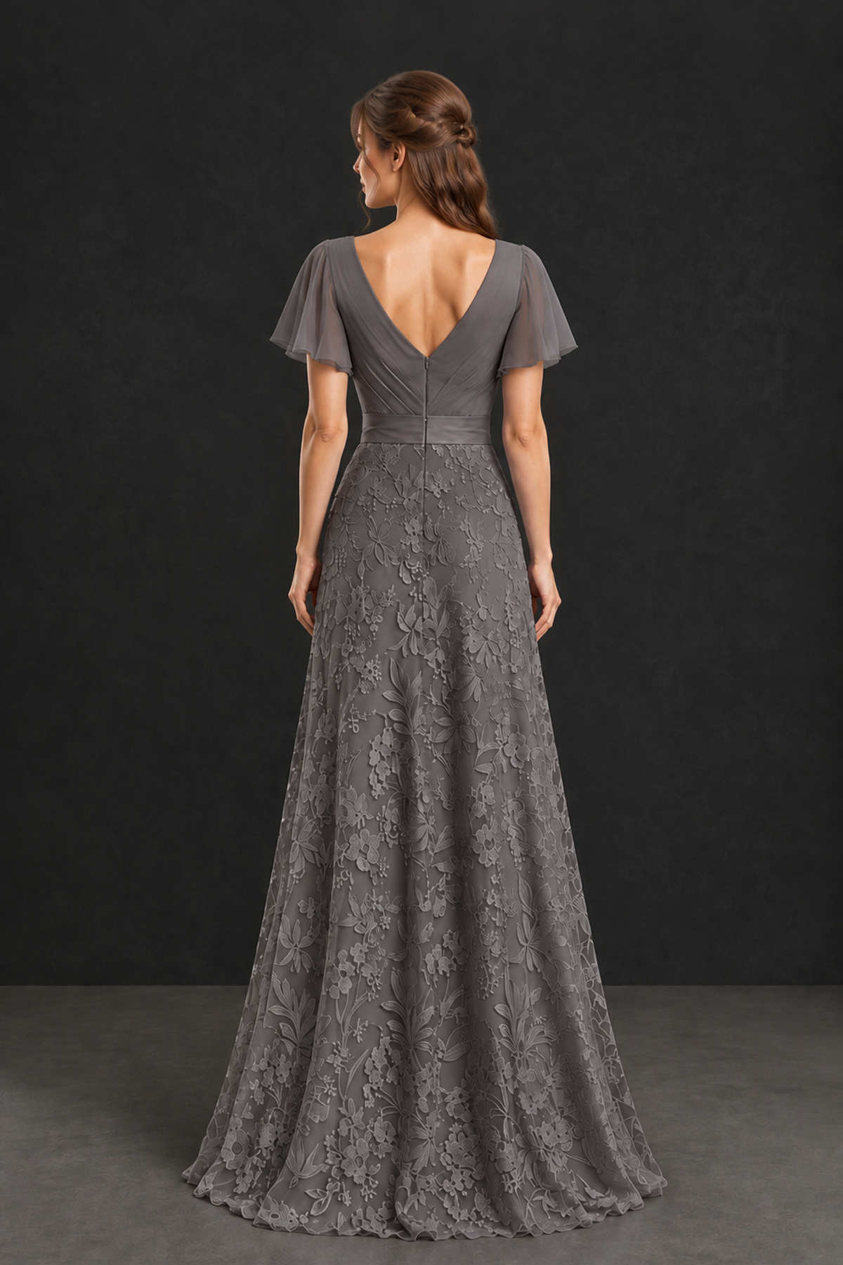BOLODOO Grey Flutter Sleeve Lace Mother of the Bride Dress - Grey