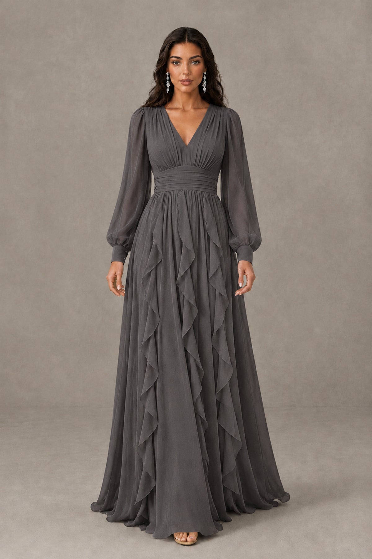 BOLODOO Grey Long Sleeve V-Neck Ruffle Maxi Dress - Grey - Grey (2)