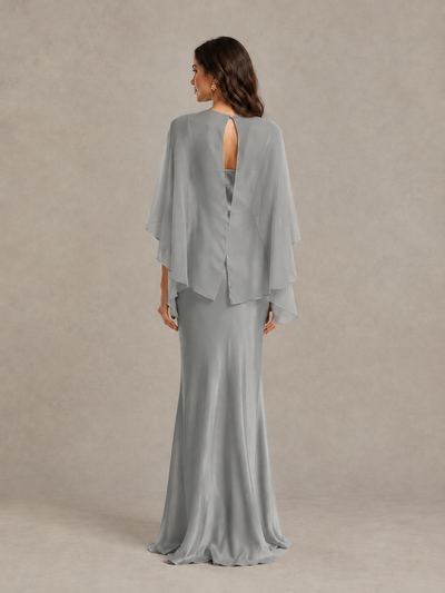 BOLODOO Grey Satin Mermaid Bridesmaid Dress with Chiffon Cape - Grey - Grey (2)