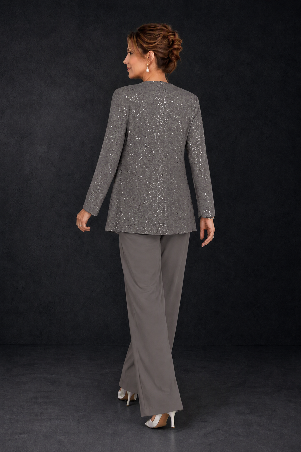 BOLODOO Grey Sequin Lace 3-Piece Pant Suit with Long Sleeve Jacket - Grey - Grey (2)