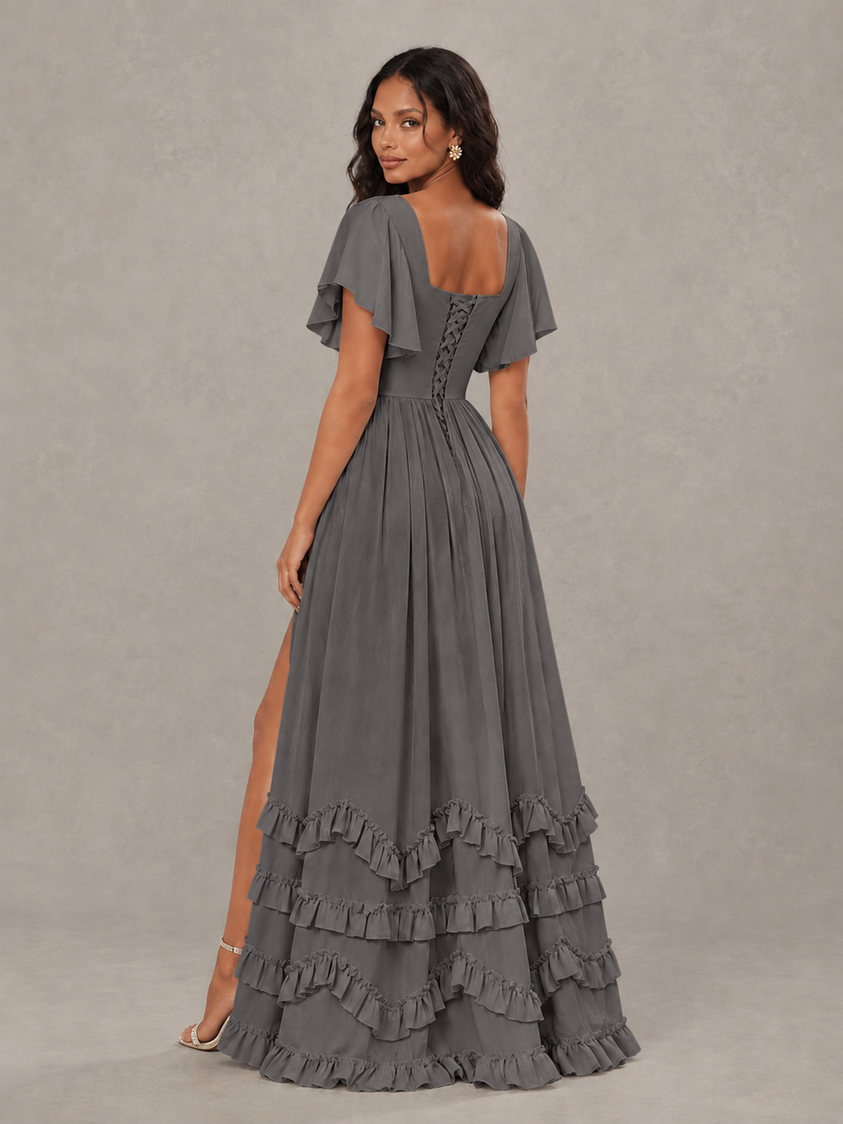 BOLODOO Grey V-Neck Flutter Sleeve Ruffle Bridesmaid Dress with Slit - Grey - Grey (2)