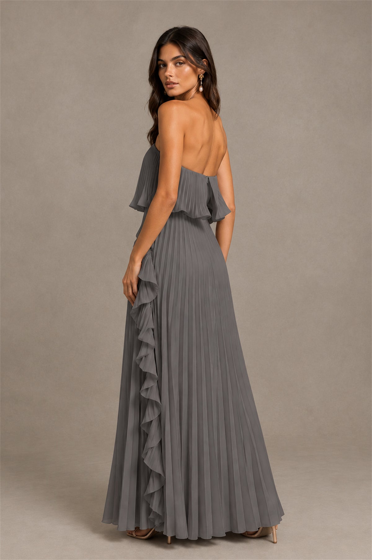 BOLODOO Grey Strapless Ruffle Bodice Dual Cascading Ruffle Accordion Pleated Chiffon Maxi Dress - Grey