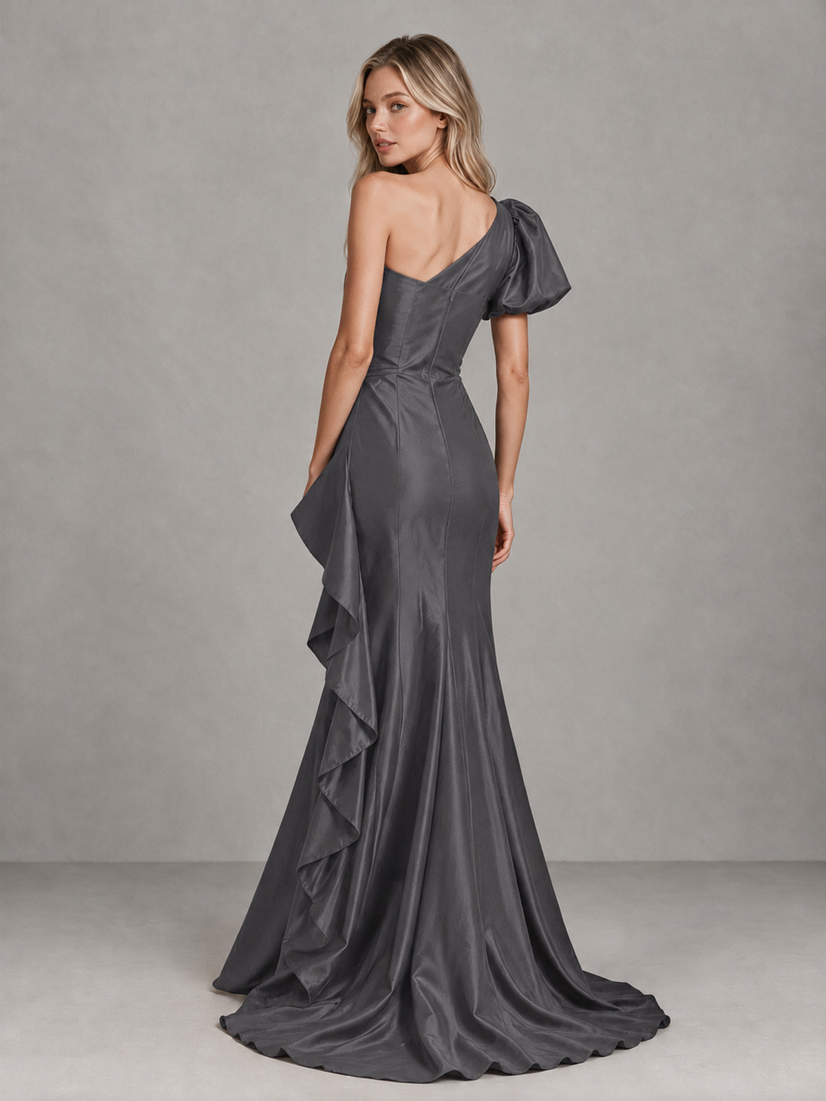 BOLODOO Grey One-Shoulder Satin-Look Mermaid Evening Dress with Ruffles - Grey - Grey (2)