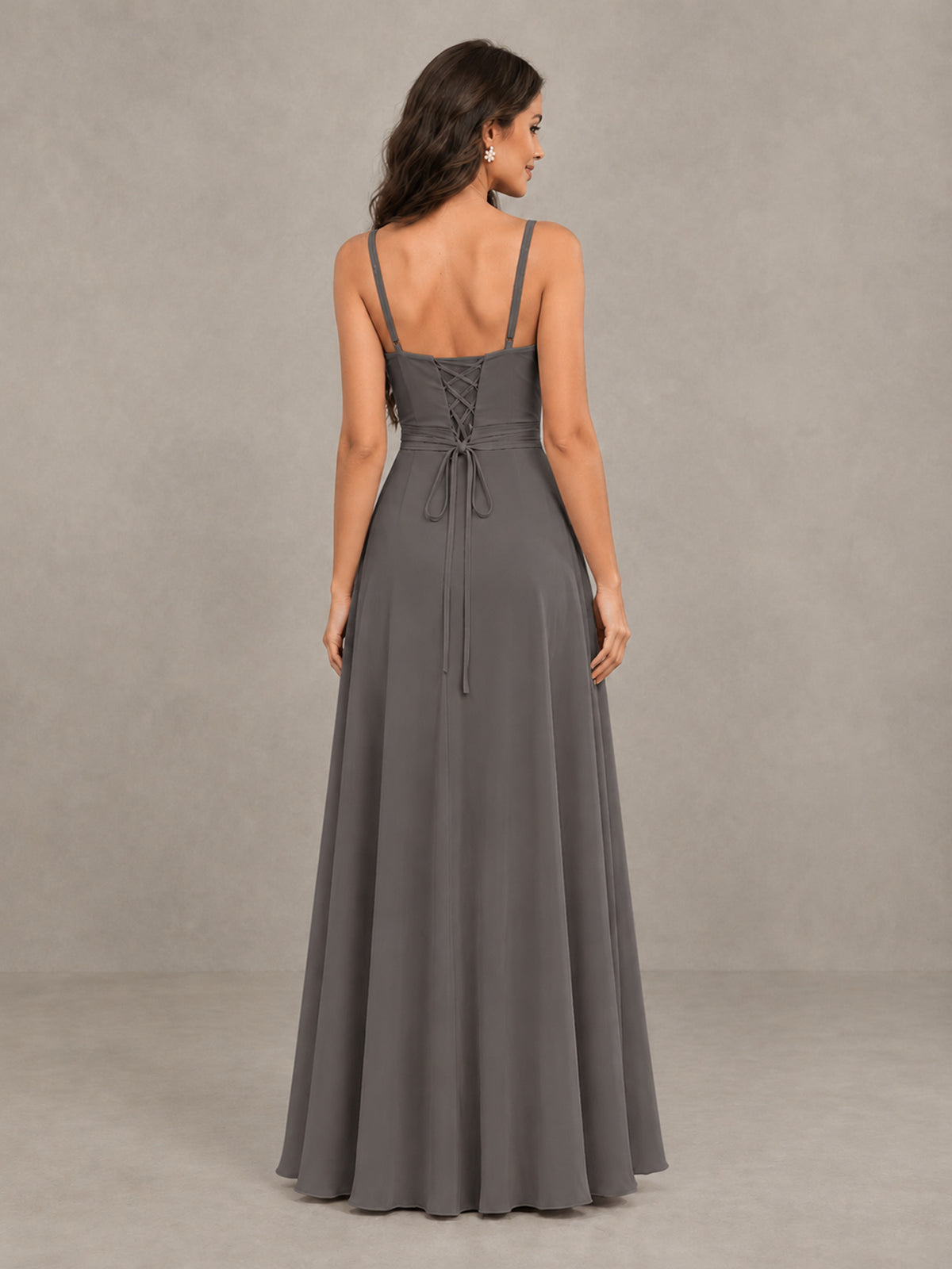 BOLODOO Grey Spaghetti Strap Ruffle Bridesmaid Dress with Slit - Grey - Grey (2)