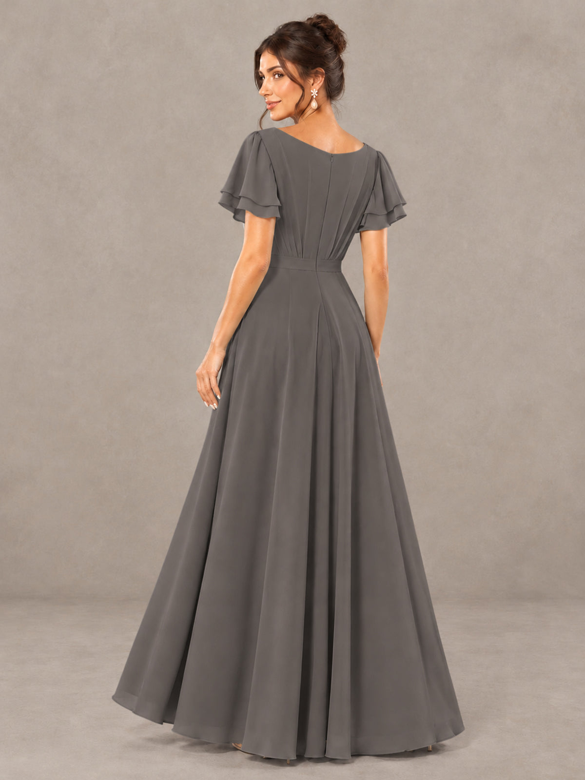 BOLODOO Grey Flutter Sleeve Ruffle Bridesmaid Dress with Slit - Grey - Grey (2)