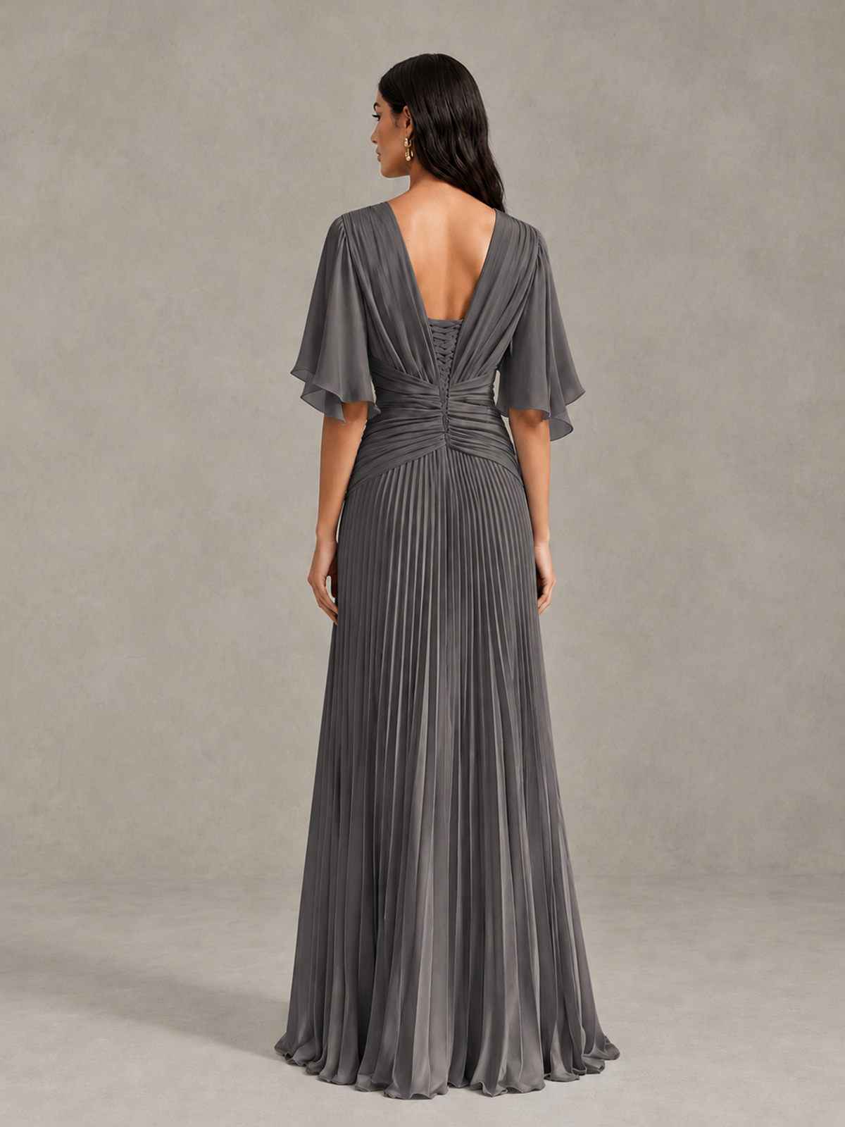 BOLODOO Grey Pleated V-Neck Flutter Sleeve Bridesmaid Dress - Grey - Grey (2)