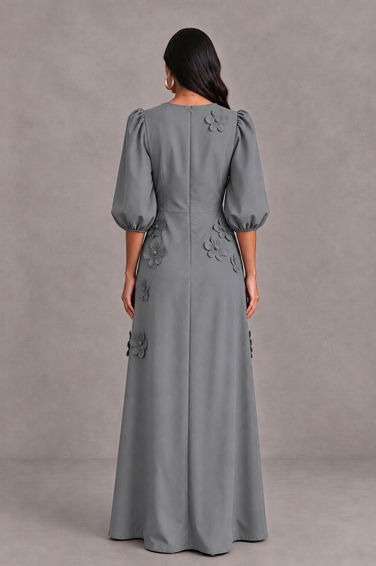 BOLODOO Grey Floral Applique Puff Sleeve A-Line Evening Dress - Grey - Grey (2)