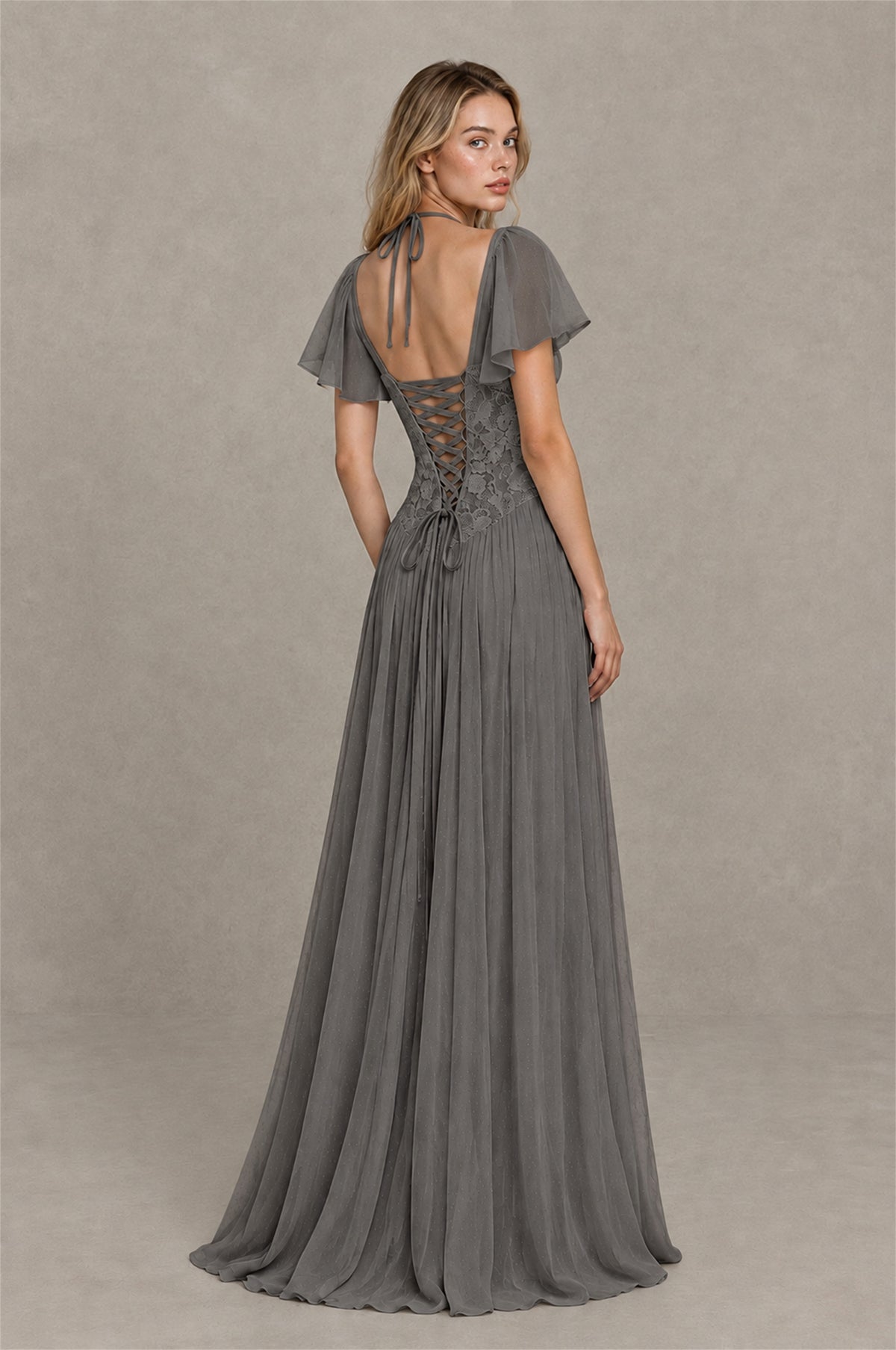 BOLODOO Grey Flutter Sleeve Lace Corset A-Line Maxi Dress - Grey - Grey (2)