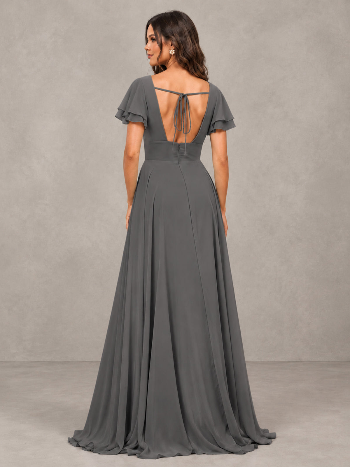 BOLODOO Grey Flutter Sleeve Chiffon A-Line Maxi Bridesmaid Dress with Open Back & Slit - Grey - Grey (2)