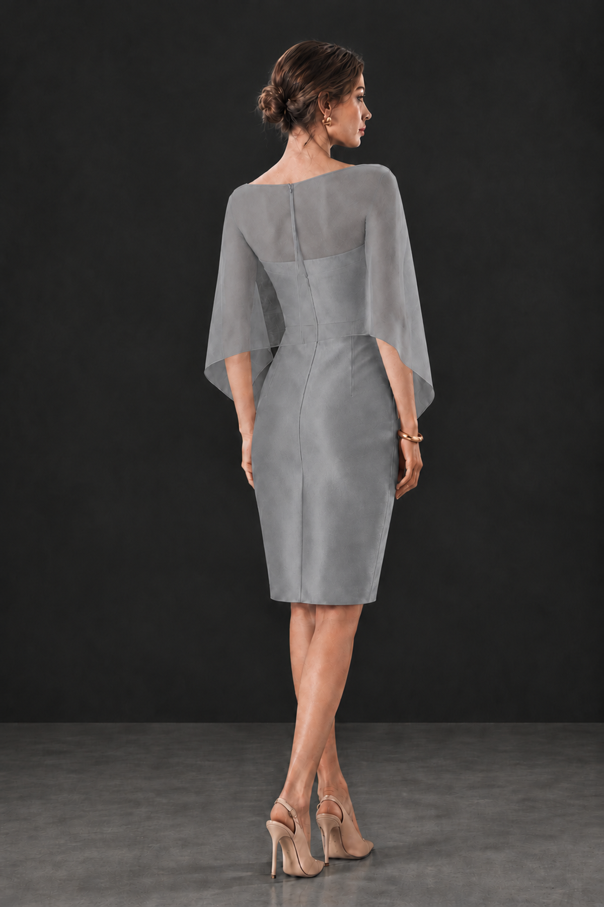 BOLODOO Grey Cape Knee-Length Mother of the Bride Dress - Grey - Grey (2)