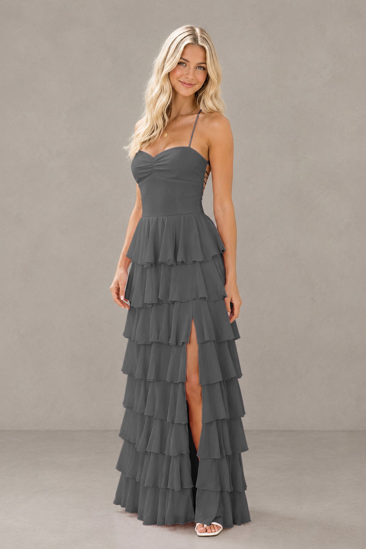 BOLODOO Grey Strapless Tiered Ruffle Maxi Dress with Slit & Lace-Up Back - Grey