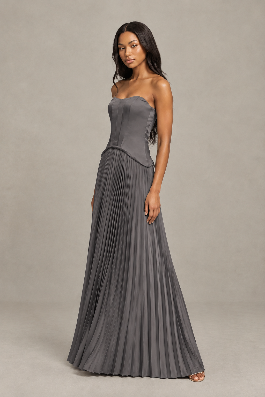 BOLODOO Grey Strapless Pleated Satin Evening Prom Dress - Grey