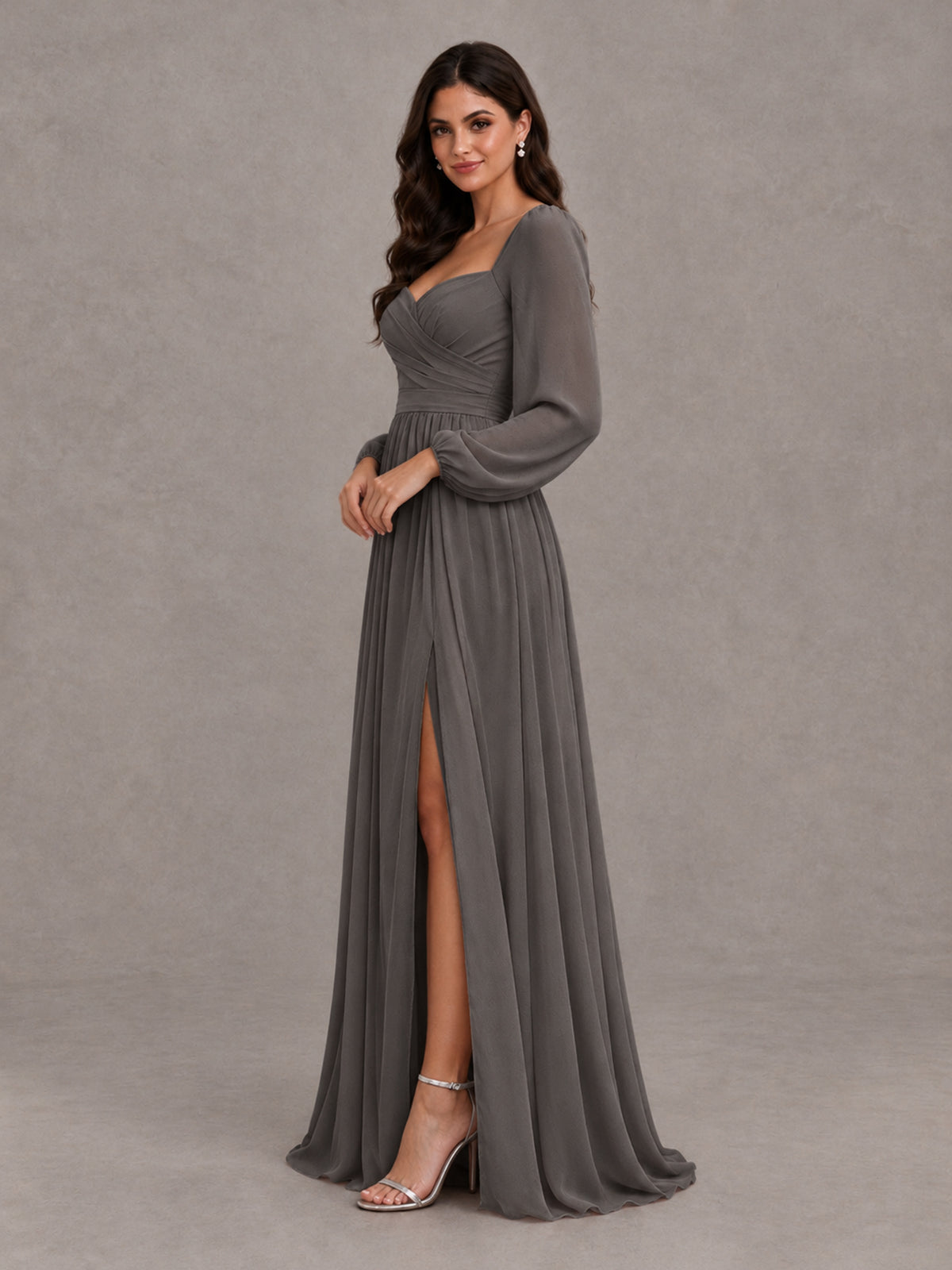 BOLODOO Grey Long Sleeve Chiffon Bridesmaid Dress with Slit - Grey - Grey (3)