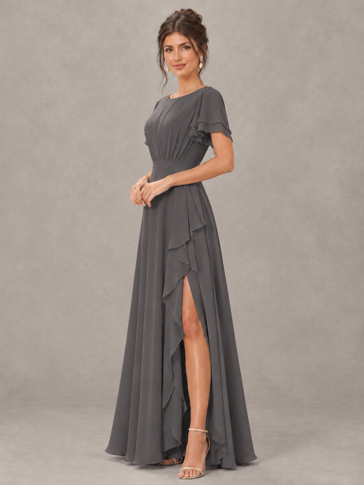BOLODOO Grey Flutter Sleeve Ruffle Bridesmaid Dress with Slit - Grey - Grey (3)