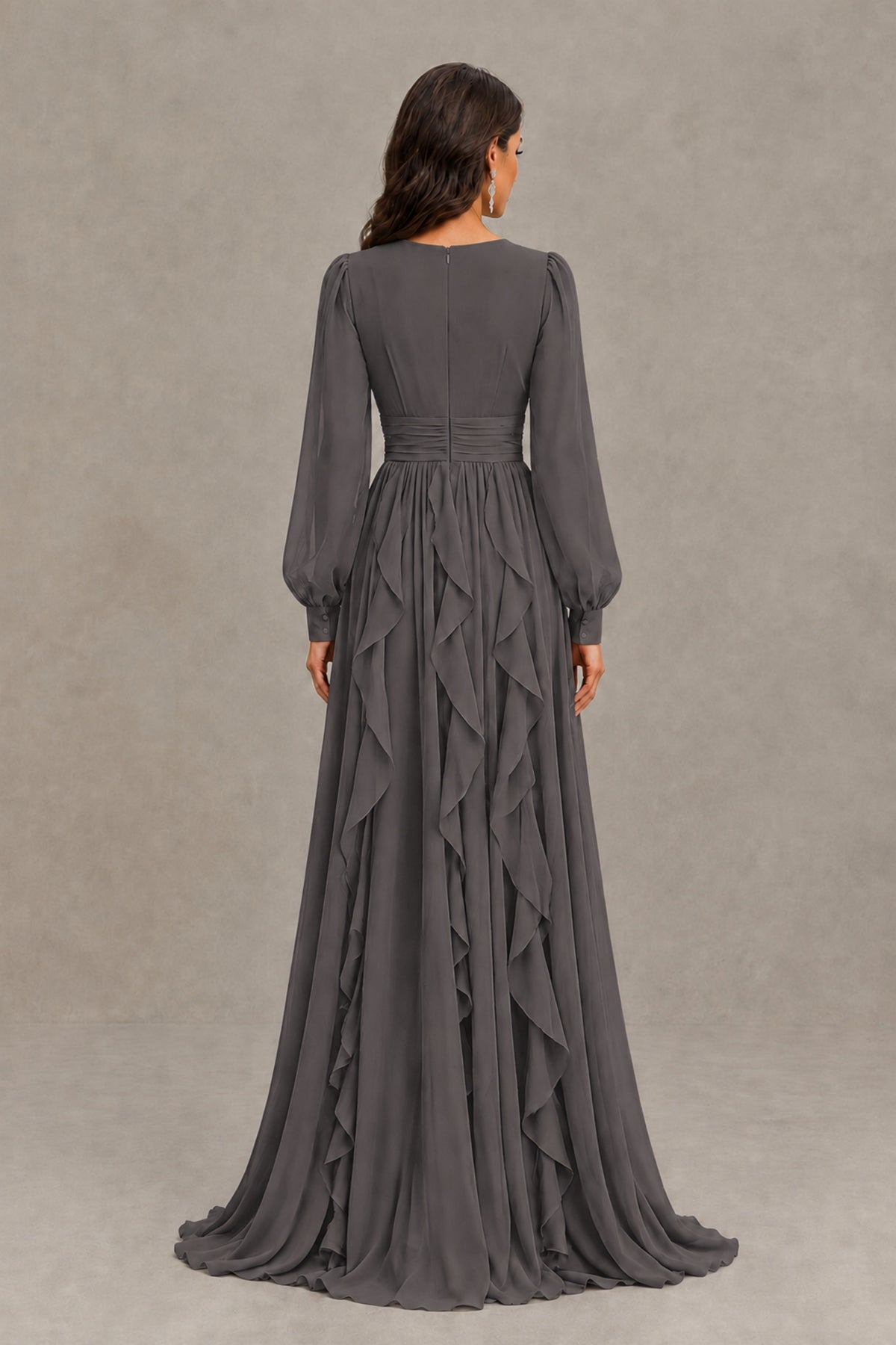 BOLODOO Grey Long Sleeve V-Neck Ruffle Maxi Dress - Grey - Grey (3)