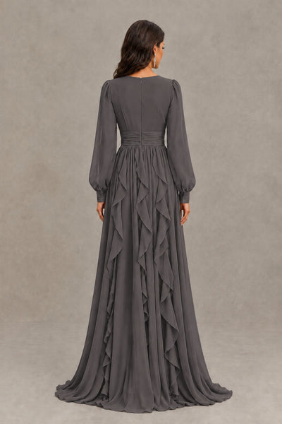 BOLODOO Grey Long Sleeve V-Neck Ruffle Maxi Dress - Grey - Grey (3)