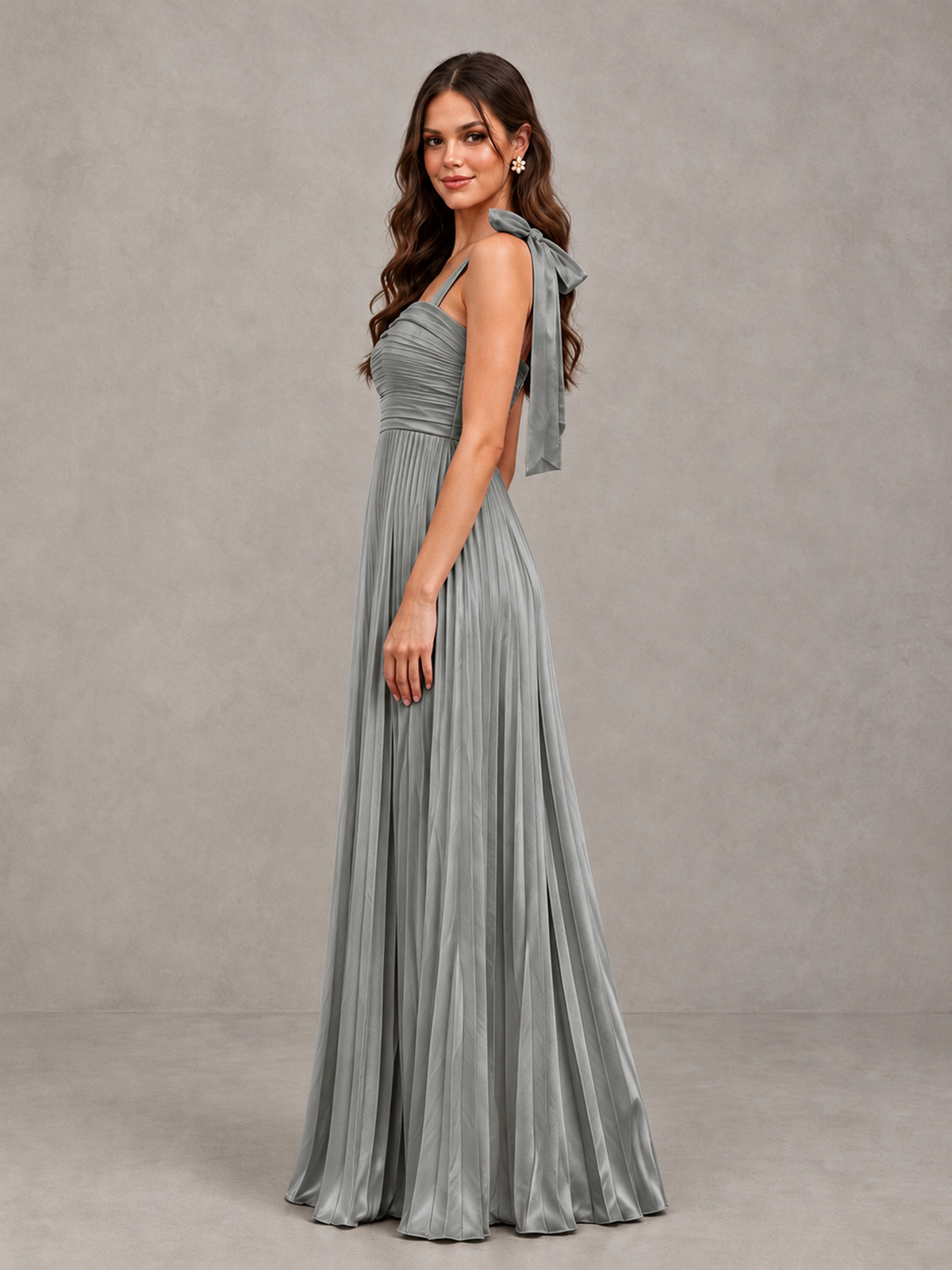 BOLODOO Grey Pleated Bow-Strap Bridesmaid Maxi Dress - Grey - Grey (3)