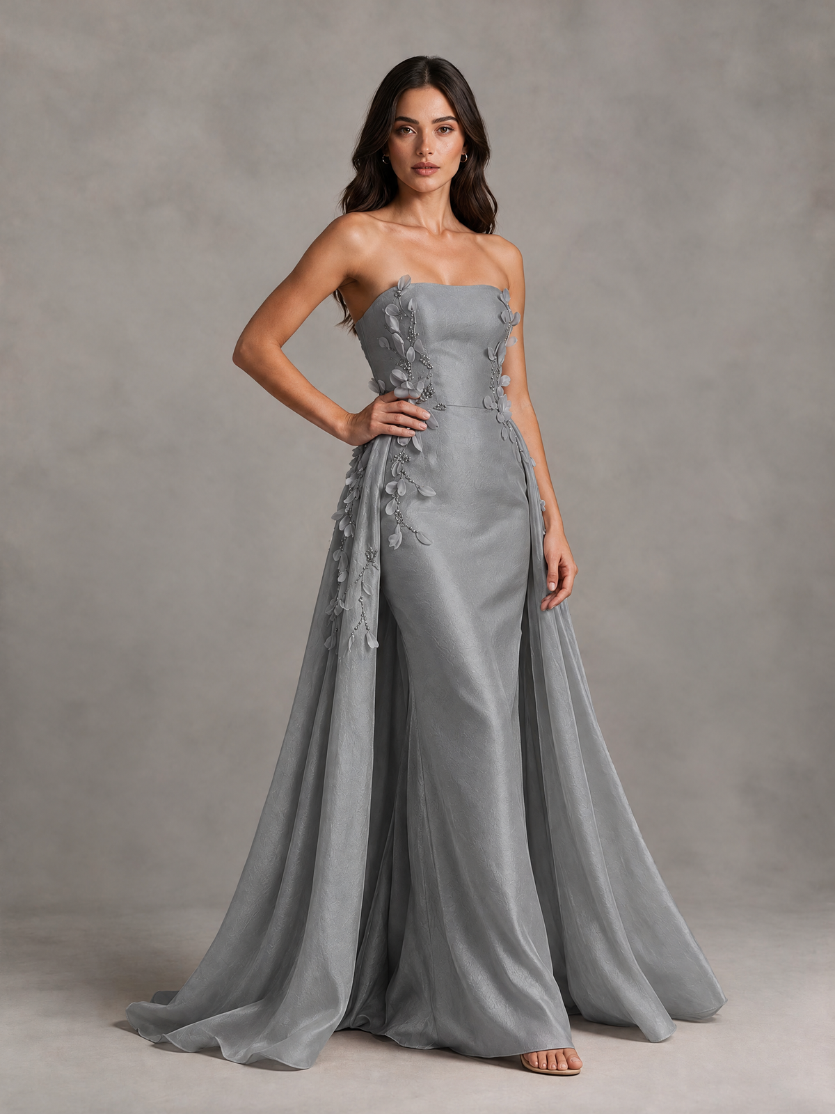 BOLODOO Grey Strapless Floral Applique Prom Dress with Overskirt - Grey - Grey (3)