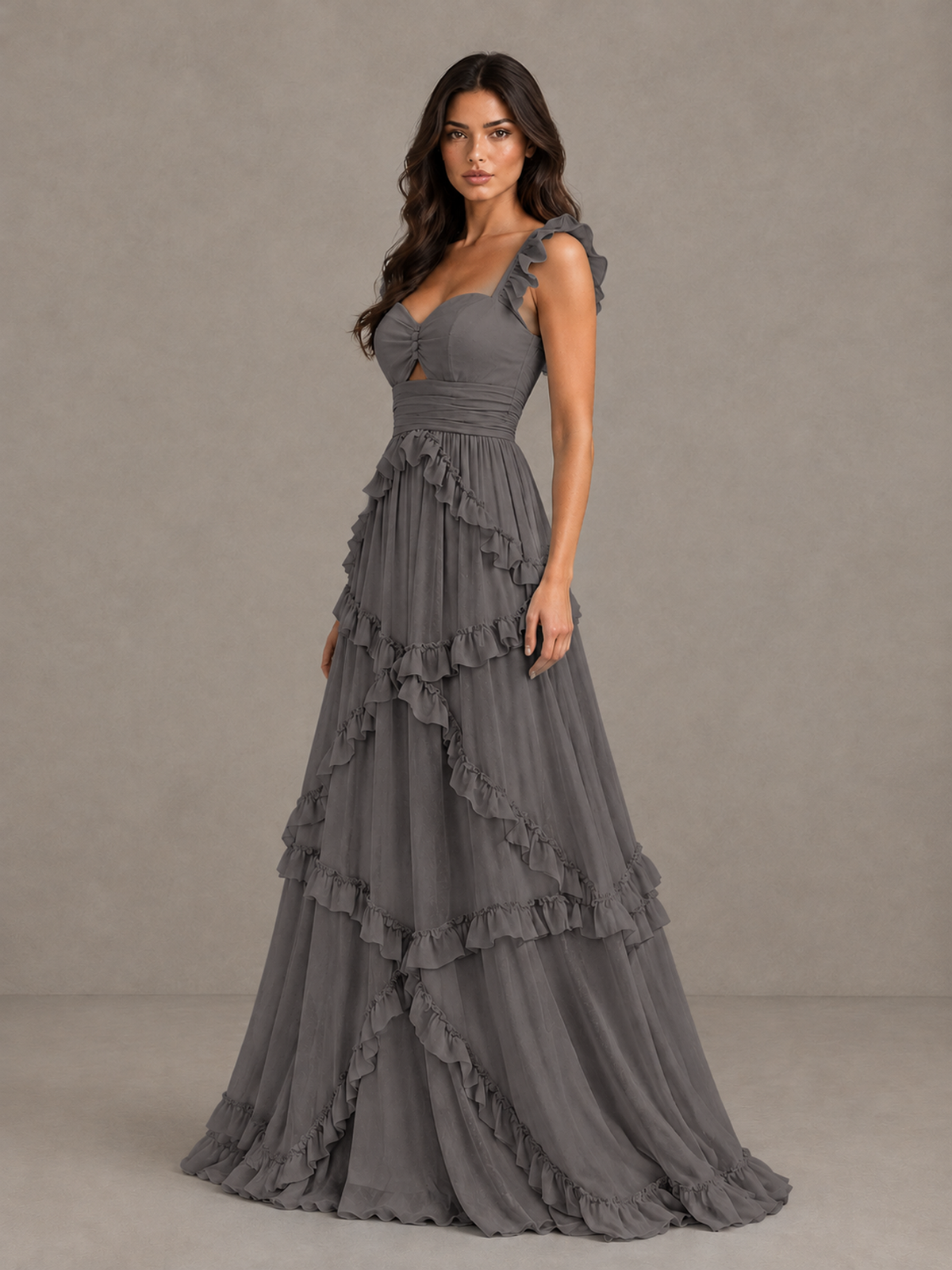BOLODOO Grey Ruffle A-Line Prom Dress with Open Back - Grey - Grey (3)