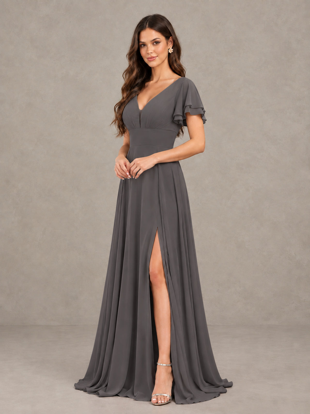 BOLODOO Grey Flutter Sleeve Chiffon A-Line Maxi Bridesmaid Dress with Open Back & Slit - Grey - Grey (3)