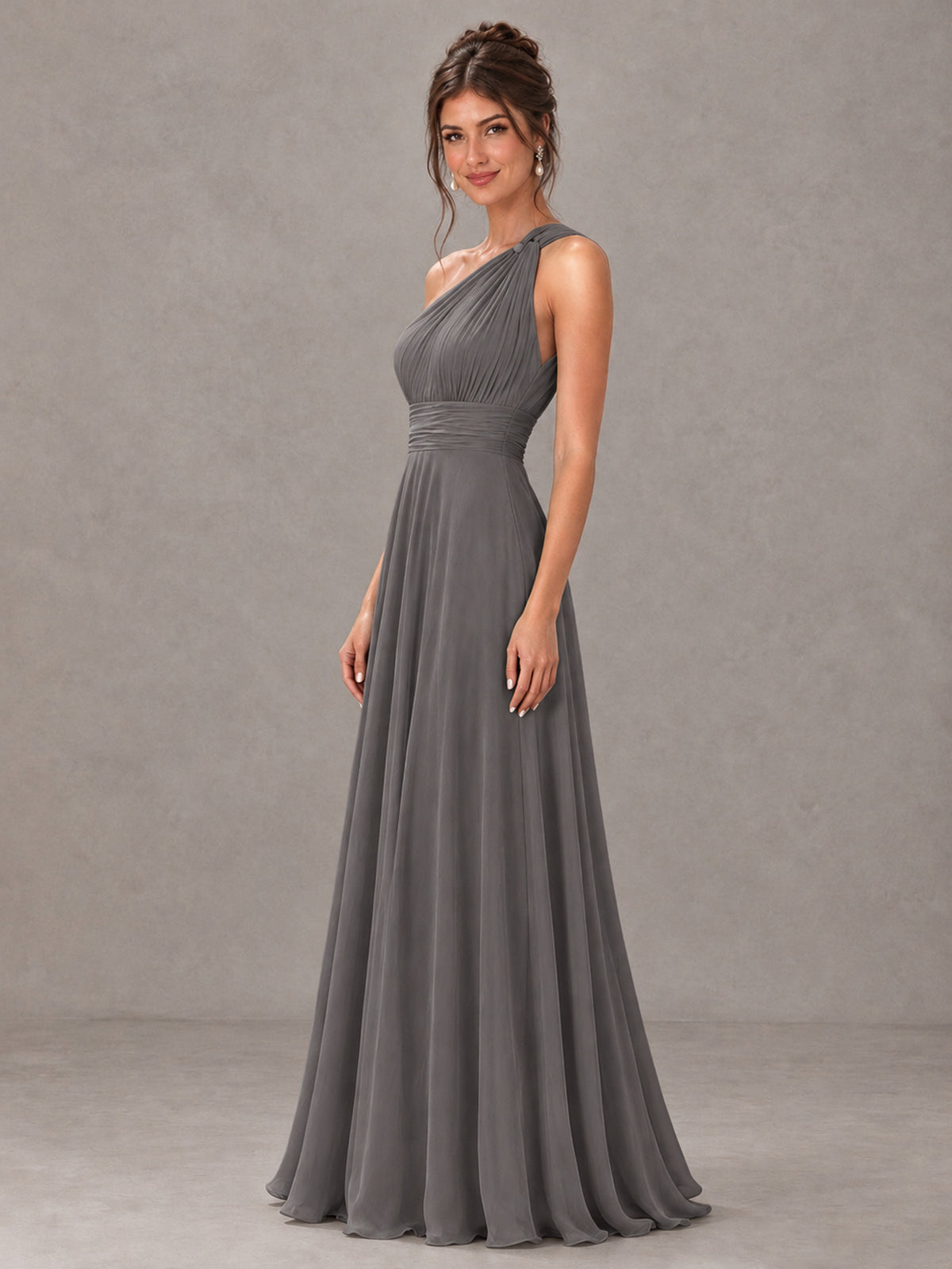 BOLODOO Grey One-Shoulder Chiffon-Look Bridesmaid Dress - Grey - Grey (3)